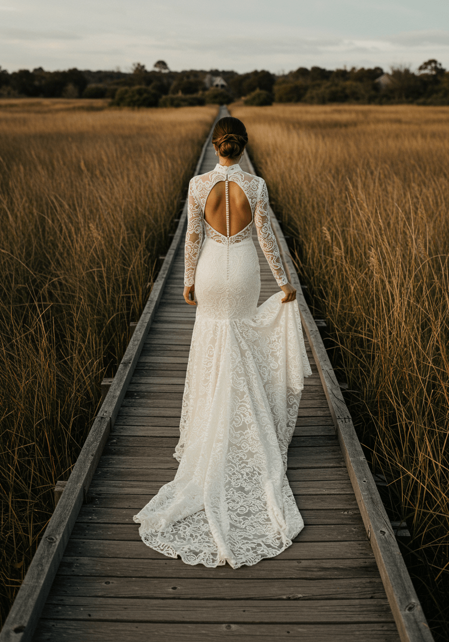 Bohemian guipure lace wedding dress with fitted column silhouette and expansive flowing train on rustic wooden boardwalk through marsh grasses