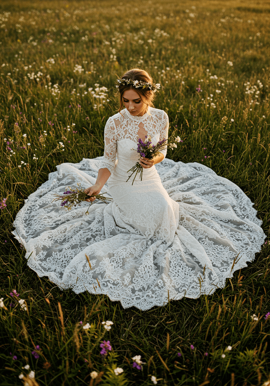 Bride kneeling in wildflower field wearing fitted guipure lace wedding dress with flowing train and sheer scalloped sleeves