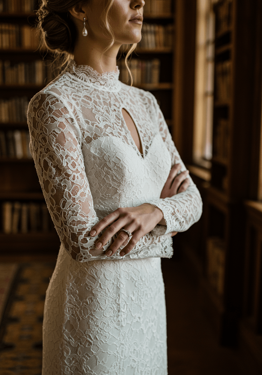 Detail of scalloped lace sleeve cuffs on ivory guipure lace wedding dress in library setting with warm afternoon light