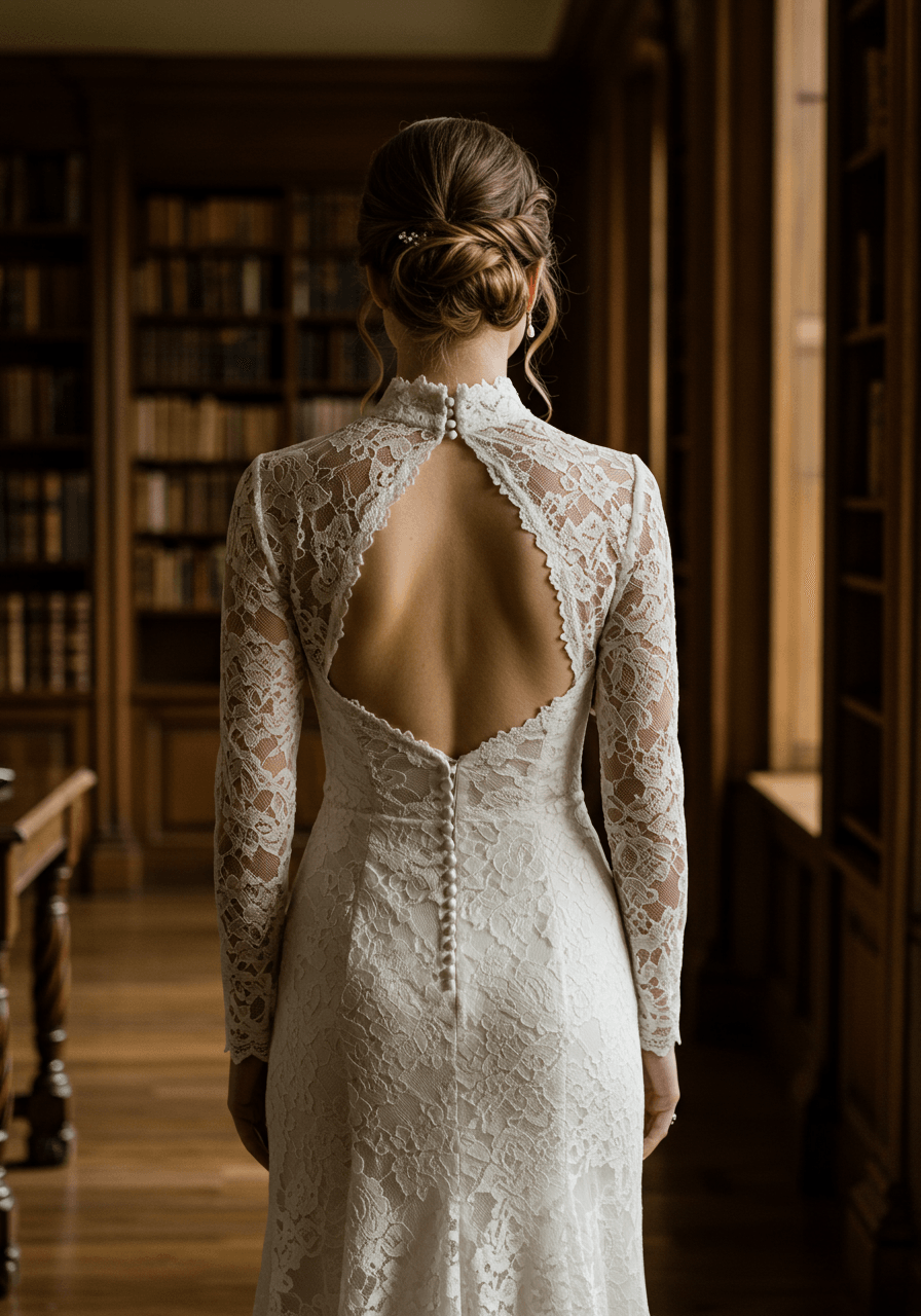Vintage-inspired guipure lace wedding dress with long fitted sleeves and high mock-neck in Victorian manor library with antique bookshelves