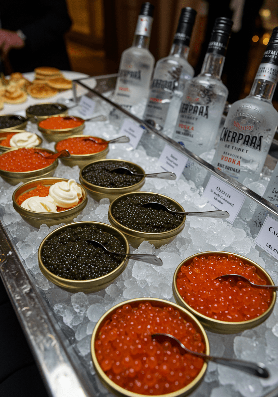 Caviar and vodka tasting station with multiple caviar varieties in mother-of-pearl bowls and frosted vodka bottles in ice