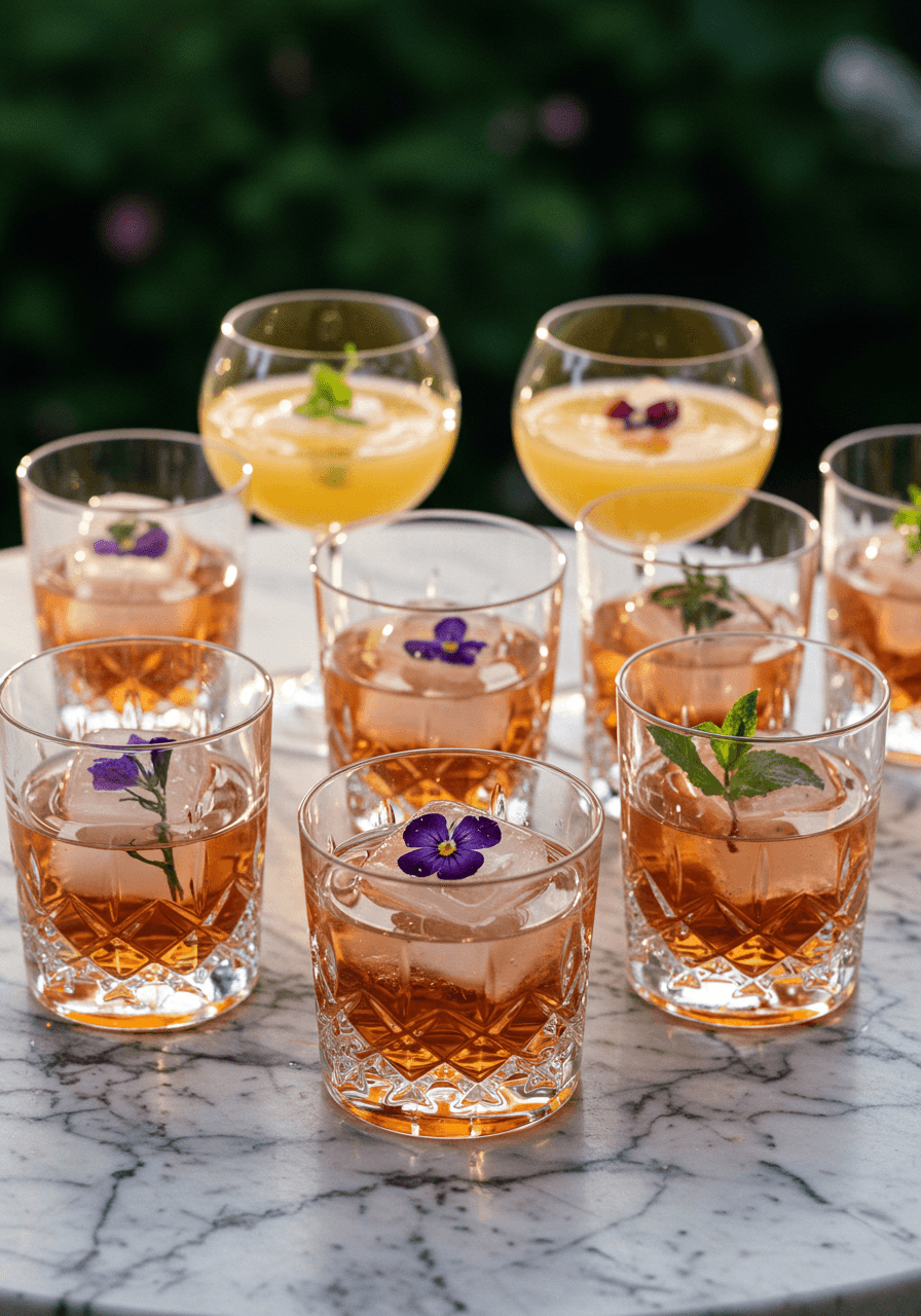 Artisanal ice with purple flowers and mint in amber and rose cocktails with condensation on marble surface