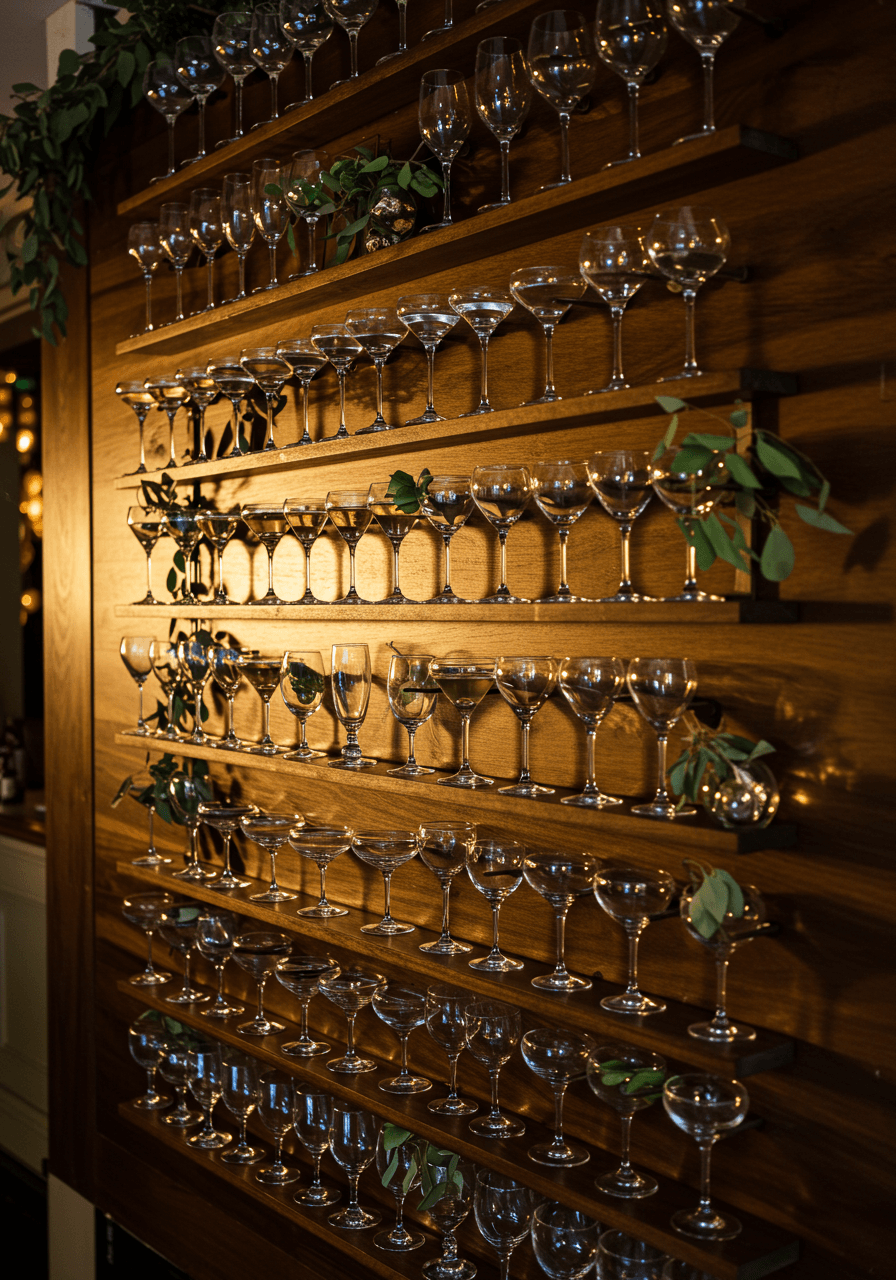 Cocktail wall display featuring array of glassware types including champagne flutes, coupes, highball and wine glasses on wooden backdrop