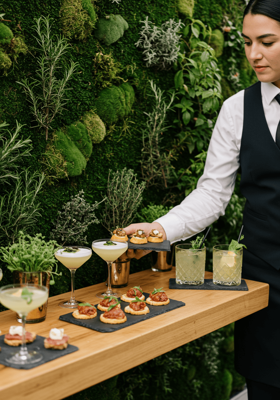 Server presenting artisanal canapés against living moss and herb wall with cocktails on natural wood floating bar
