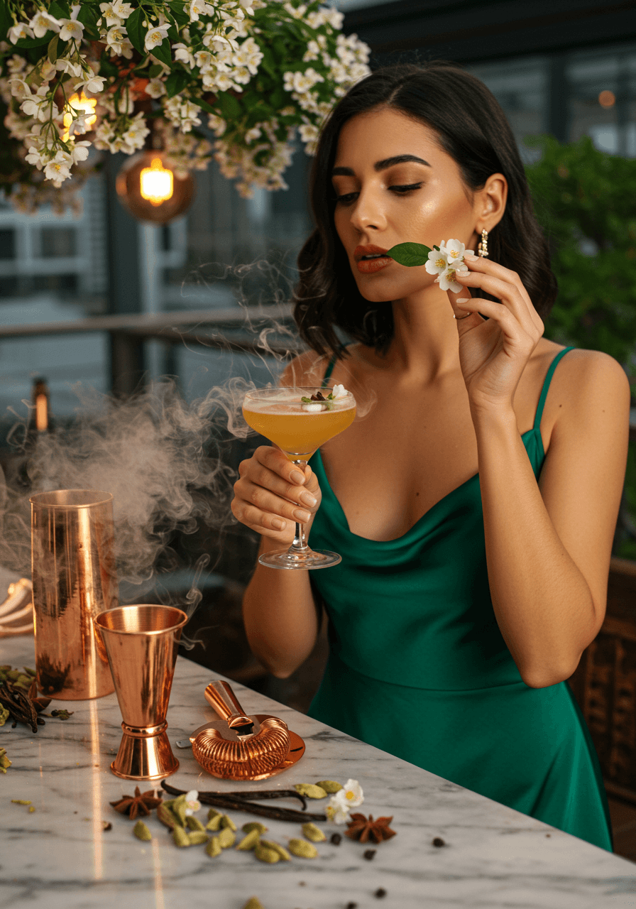 Portrait of woman with jasmine flowers and scented smoke wisps from cocktail with copper bar tools and dried spices on marble surface