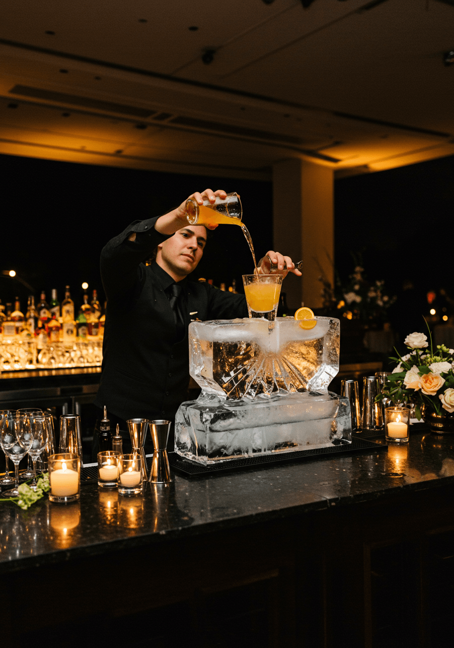 Bartender pouring craft cocktail through geometric ice luge sculpture at high-end wedding bar