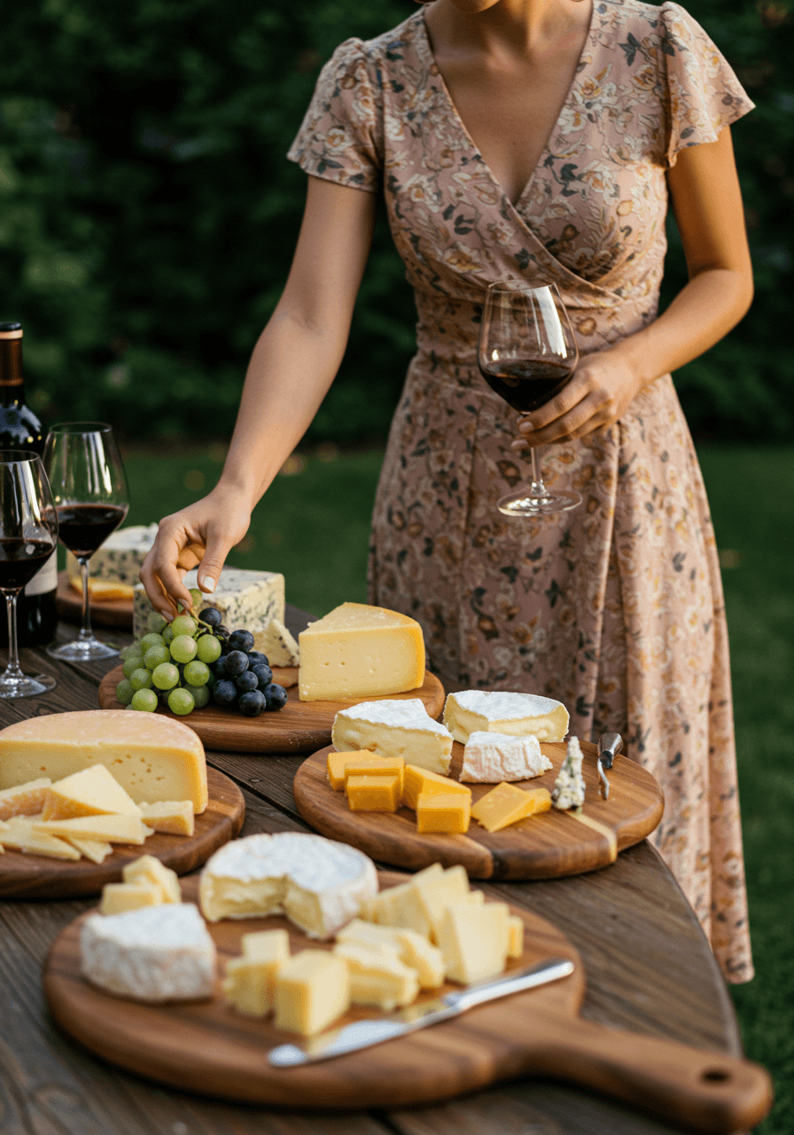 Woman in flowing midi cocktail dress reaching for wine glass beside elaborate cheese and wine pairing station at outdoor garden reception