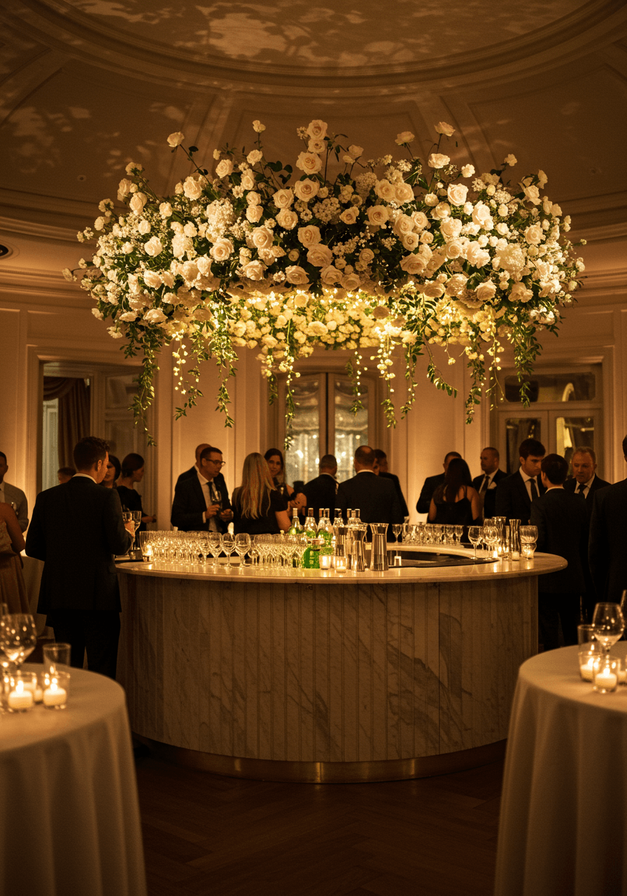 Guests mingling around circular bar topped with ethereal suspended floral cloud during golden hour