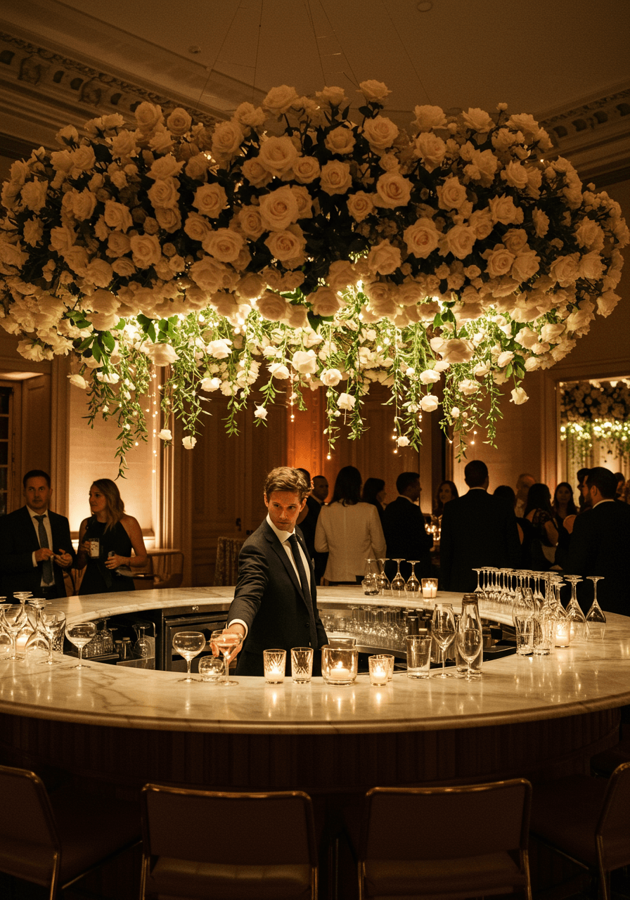 Cascading ivory roses and greenery suspended above polished marble bar with crystal glassware and fairy lights