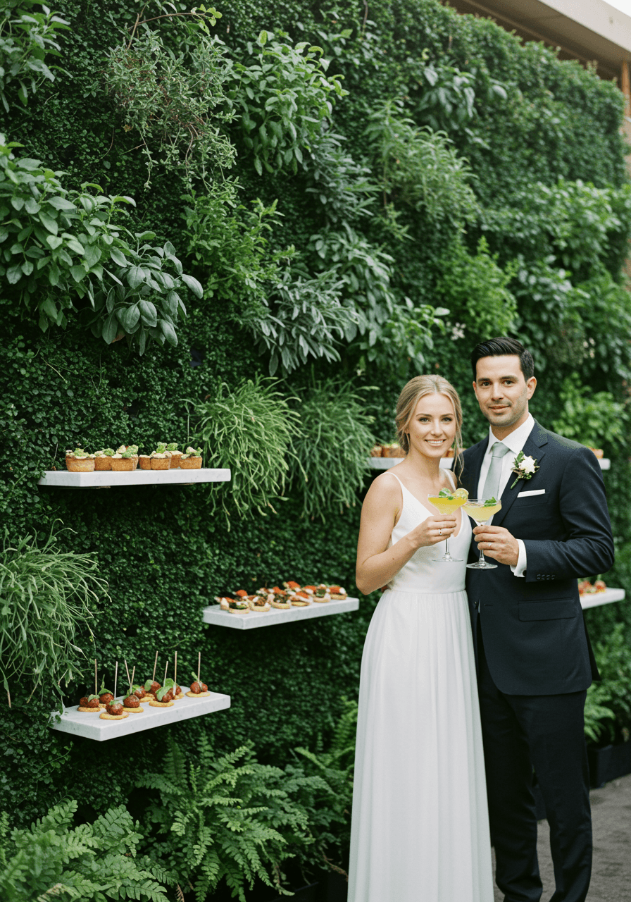 Bride and groom holding cocktails beside lush herb and greenery wall with canapés on floating shelves at golden hour