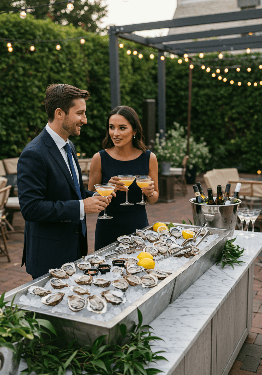 Couple at sophisticated raw oyster bar with freshly shucked oysters on ice in garden terrace during golden hour