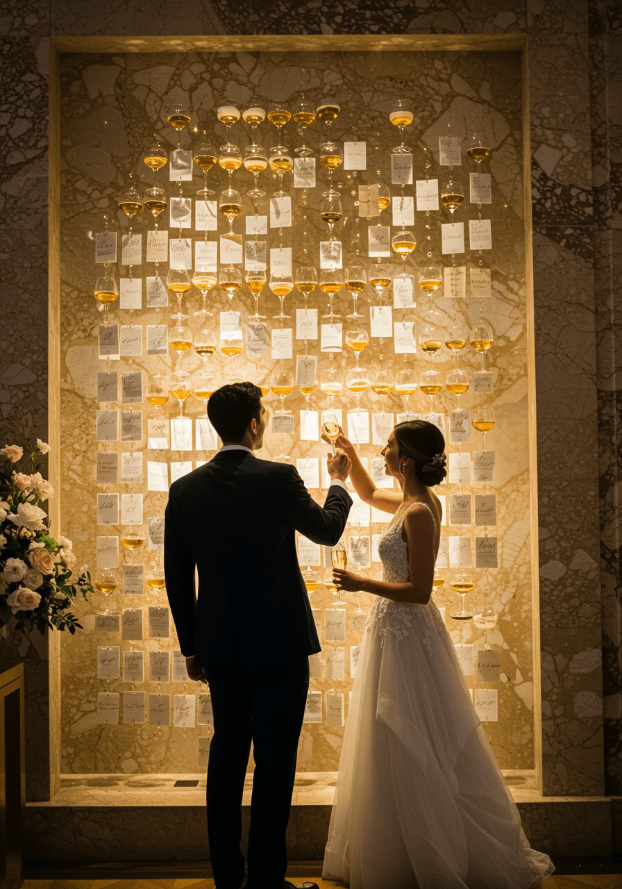Bride and groom examining champagne flutes attached to cascading escort card wall display during golden hour