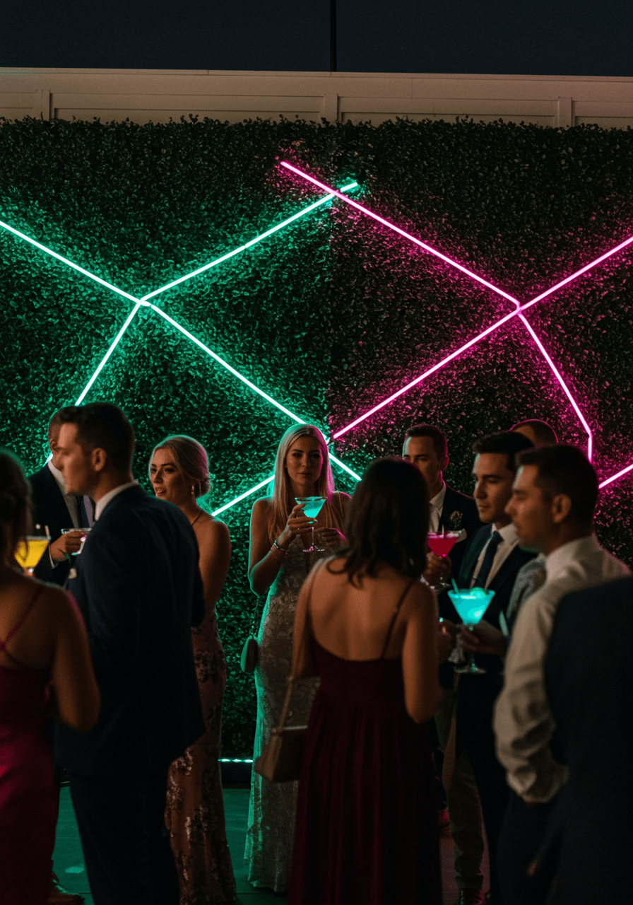 Guests holding illuminated cocktails in front of living hedge wall with vibrant neon in geometric patterns during golden hour to evening transition