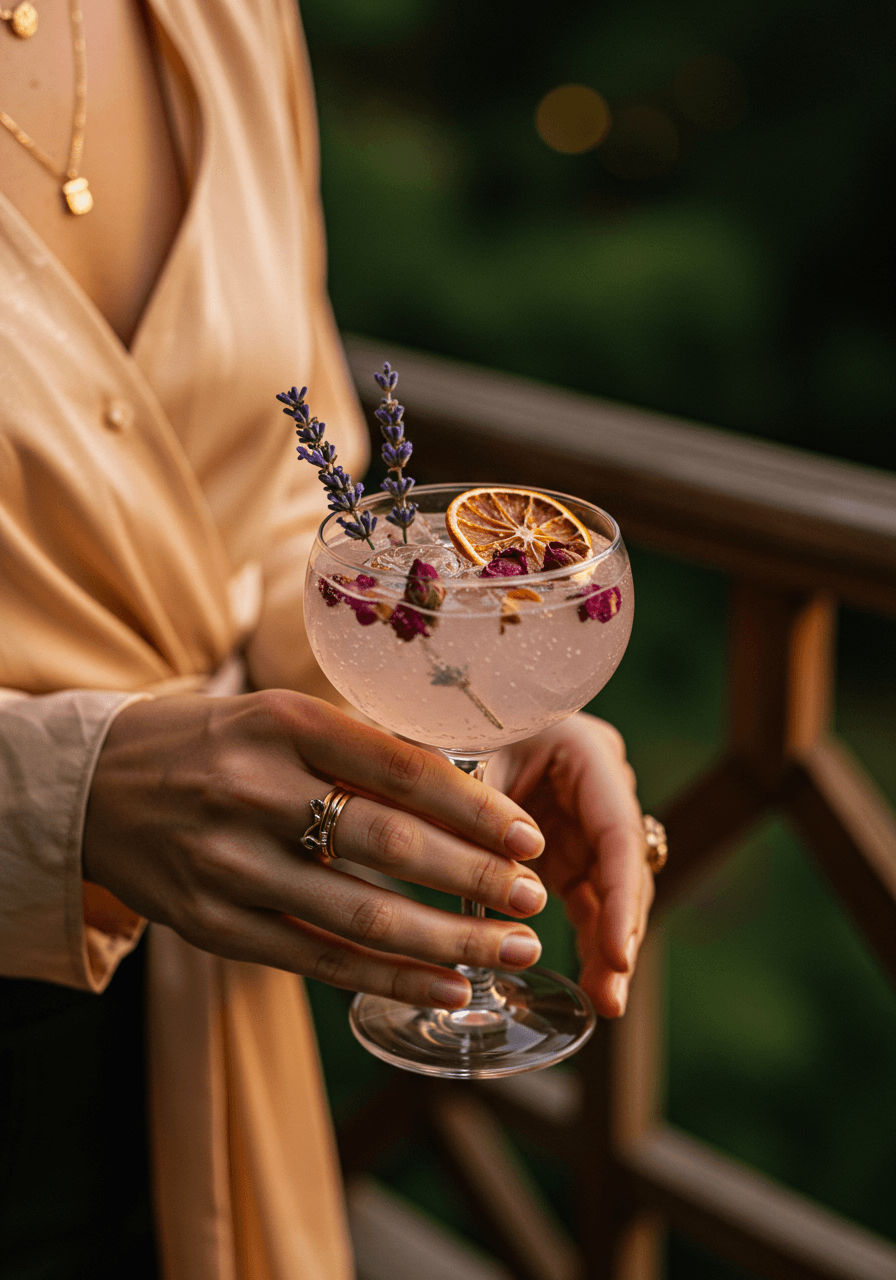 Hands holding cocktail glass with lavender-infused gin fizz whilst aromatic herbs and flower petals float around drink in twilight garden terrace