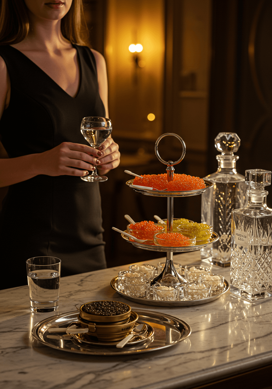 Woman in black cocktail dress holding crystal vodka glass beside artisanal caviar and vodka bar with marble countertops