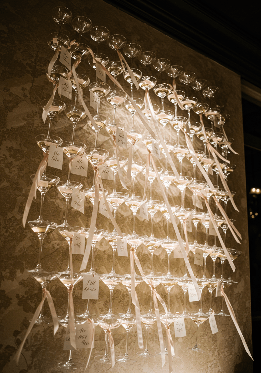 Crystal champagne coupes with ivory and blush escort cards in gold calligraphy with cascading silk ribbons