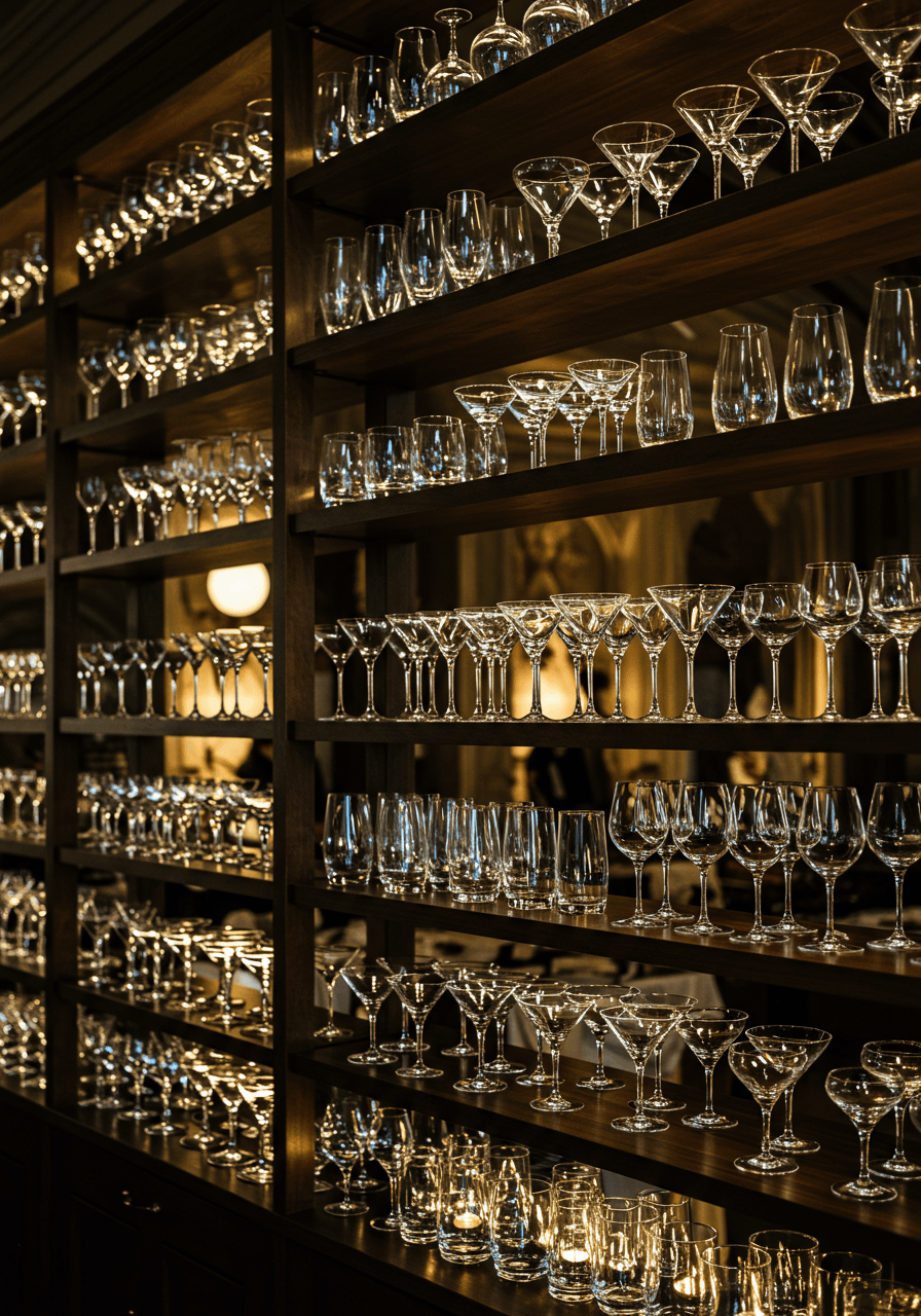 Floor-to-ceiling glassware wall with perfectly arranged rows of martini, coupe, highball and wine glasses on dark wood shelving