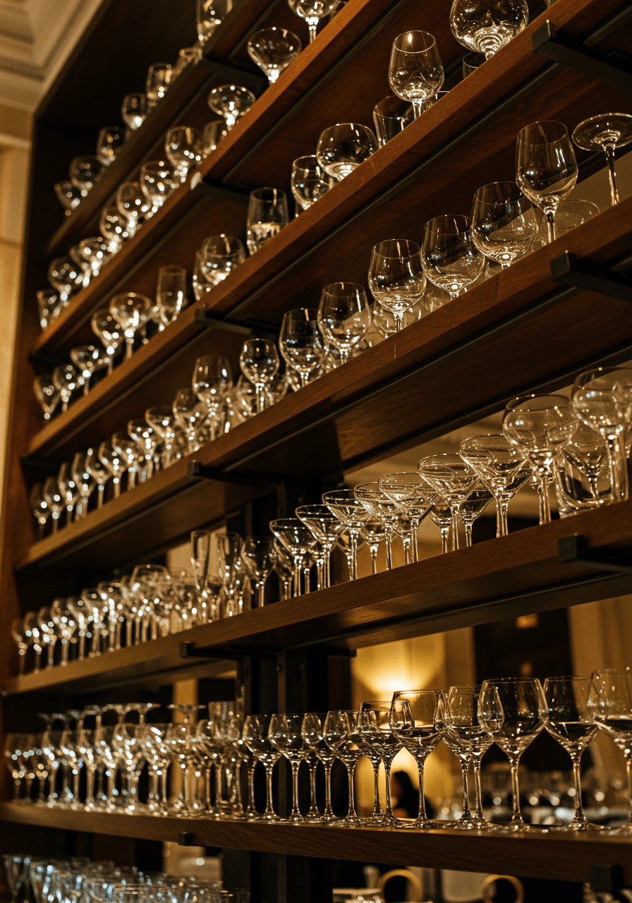 Crystal-clear glassware collection on mahogany shelves with black metal brackets and golden backlighting creating sparkles