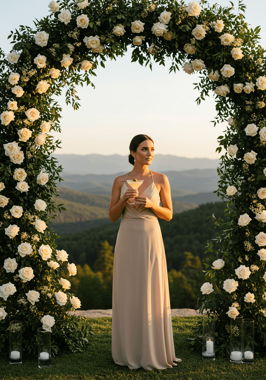 Wedding guests holding craft cocktails beside towering floral archways with cascading white roses overlooking mountain vista