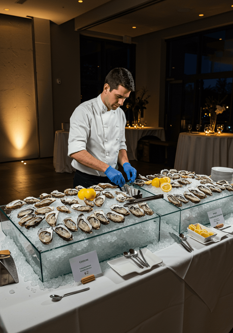Oyster bar setup with white linens, shucking knives, variety shells, cocktail garnishes and signage