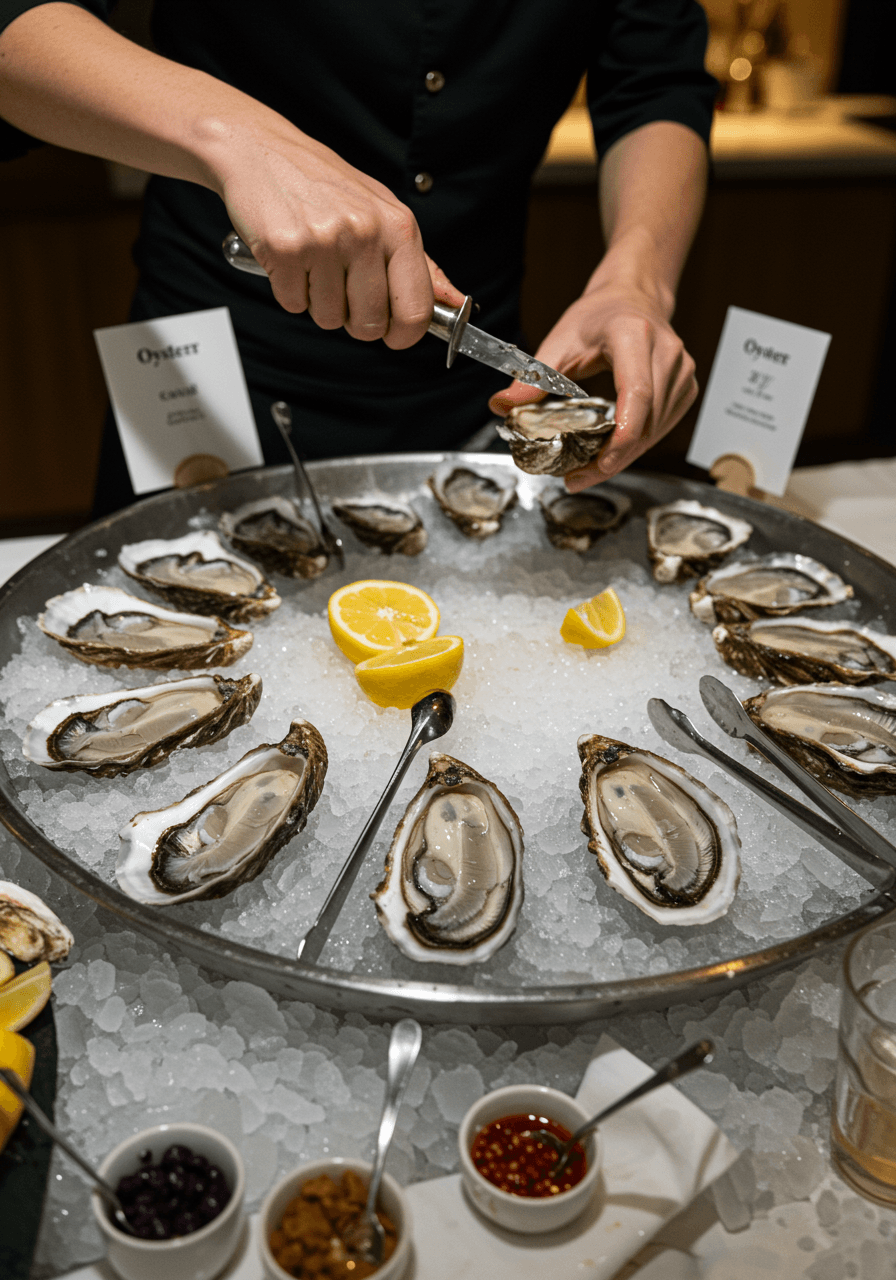 Professional hands shucking fresh oysters at interactive bar with multiple varieties on crushed ice