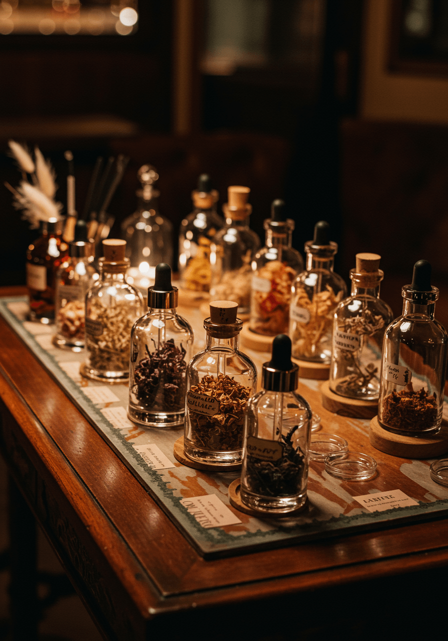 Perfume blending favour bar with glass vessels, pipettes and ingredient stations on vintage wooden table in upscale cocktail lounge during evening