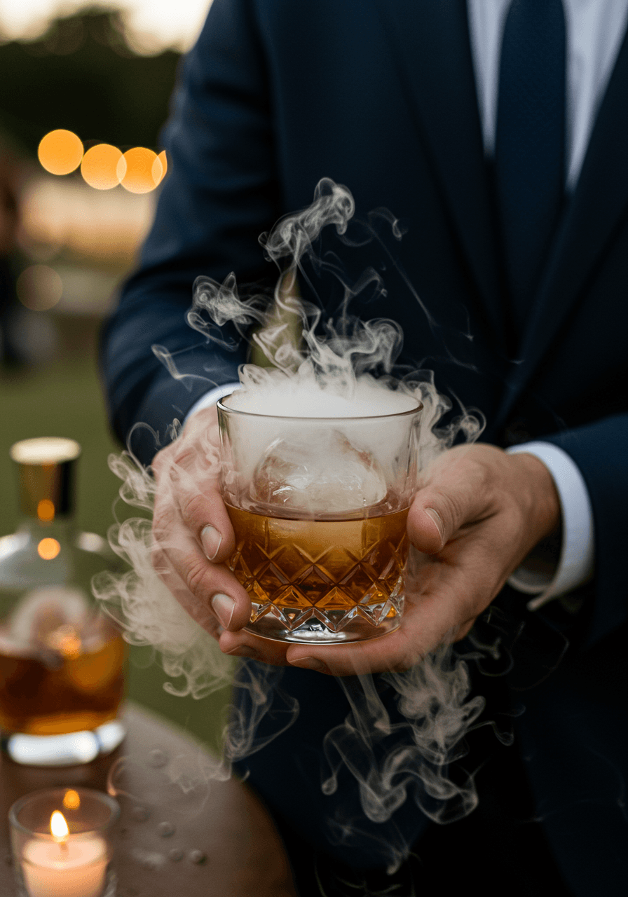 Guest holding crystal glass with amber whiskey and spherical ice as aromatic smoke billows at outdoor wedding