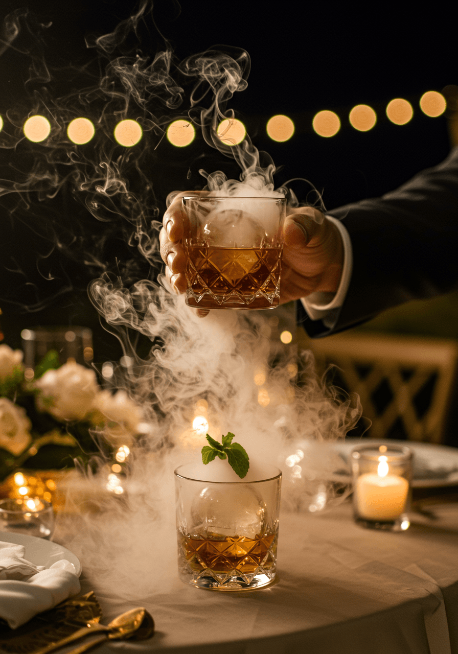 Smoking whiskey cocktail with sphere ice catching golden hour light with smoke swirls and candlelit background