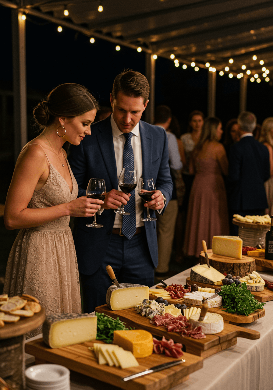 Sophisticated couple examining artisanal cheese and charcuterie display with wine glasses at outdoor wedding during golden hour