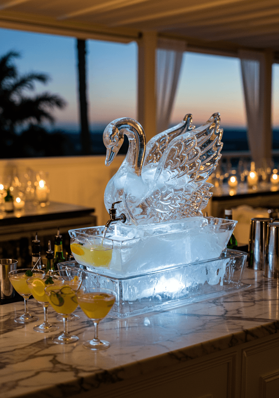 Swan-shaped ice luge dispensing cocktails into crystal glasses on marble bar at twilight