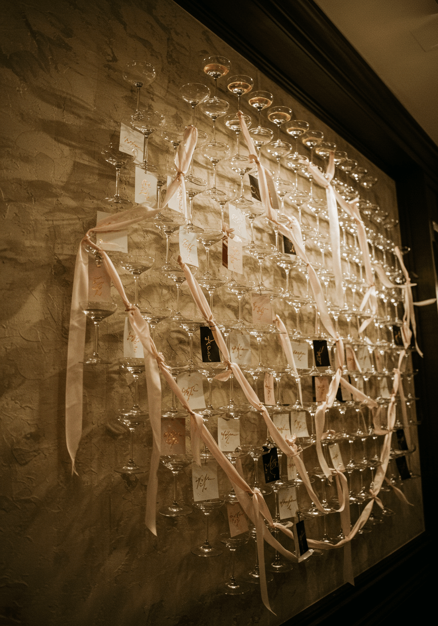 Wall installation of champagne flutes in geometric patterns with escort cards attached by silk ribbons