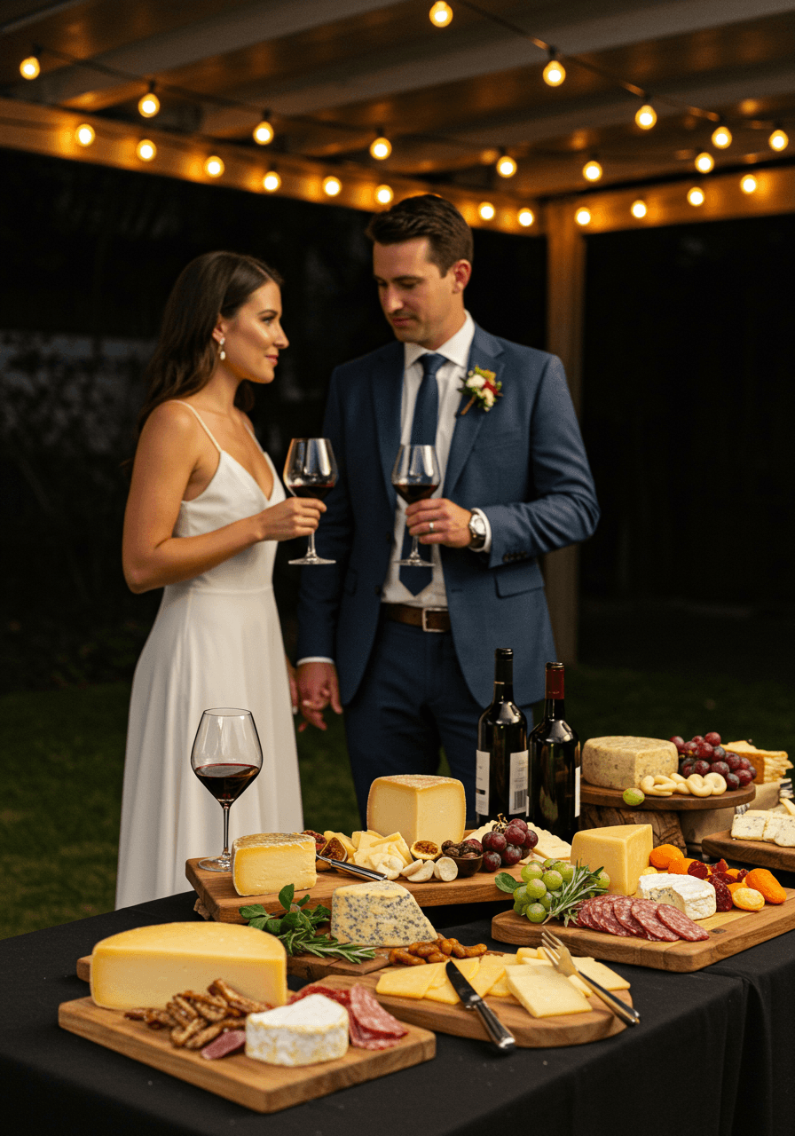Cheese and wine table with wooden boards, aged cheeses, wine in burgundy and amber, fresh herbs and rustic linens