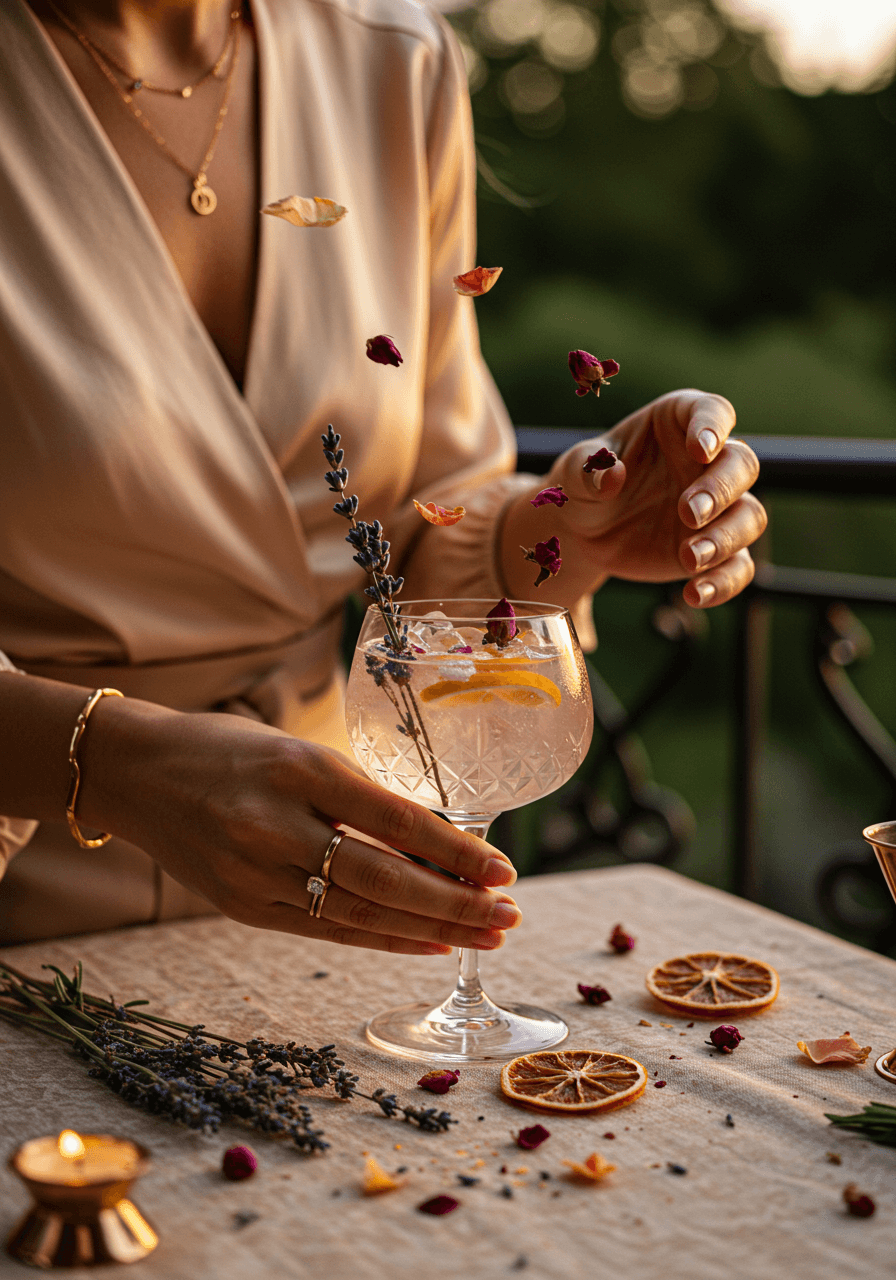 Lavender cocktail with fresh lavender sprigs, rose petals and dried citrus creating sensory cloud around glass with delicate gold jewellery