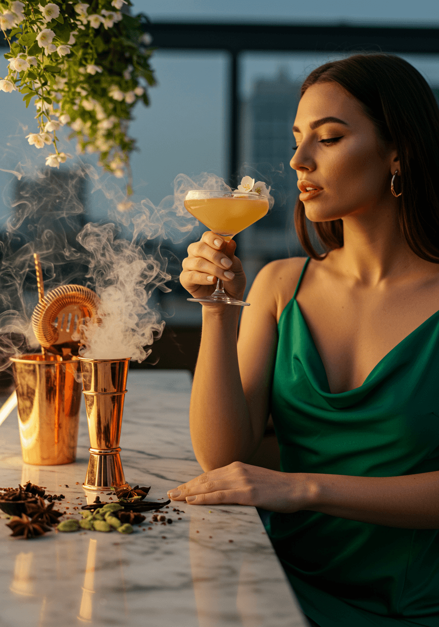 Woman in flowing emerald silk dress touching fragrant jasmine flowers whilst holding smoking cocktail releasing vanilla and cardamom scents on upscale rooftop bar