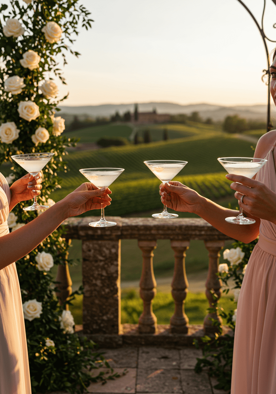 Wedding guests with craft cocktails on terrace with white rose archways and pastels against vineyard landscape at sunset