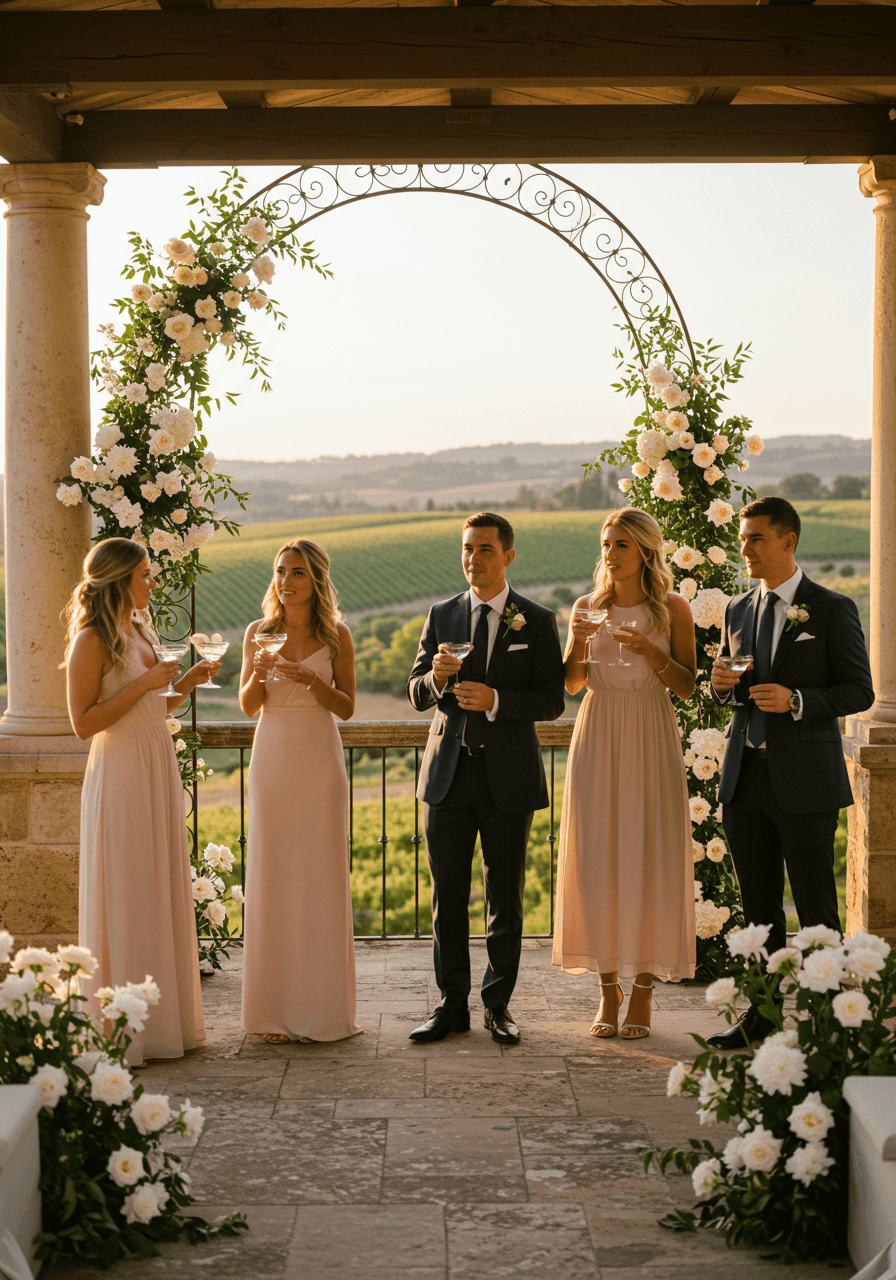 Guests holding crystal cocktails on stone terrace overlooking vineyard hills framed by floral archways at golden hour