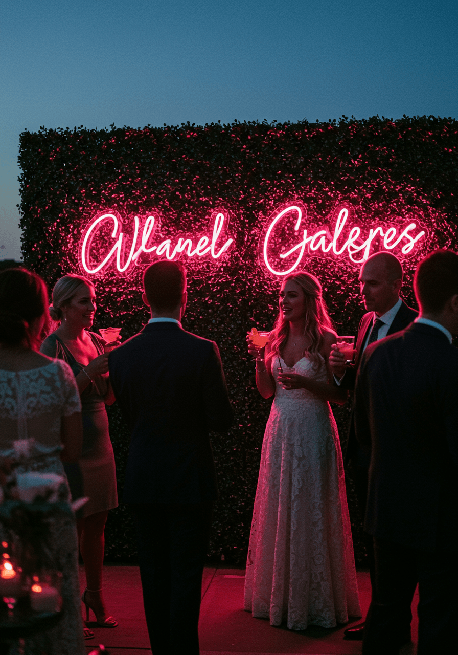 Wedding guests holding craft cocktails in front of lush hedge wall illuminated by pink and purple neon lighting at twilight