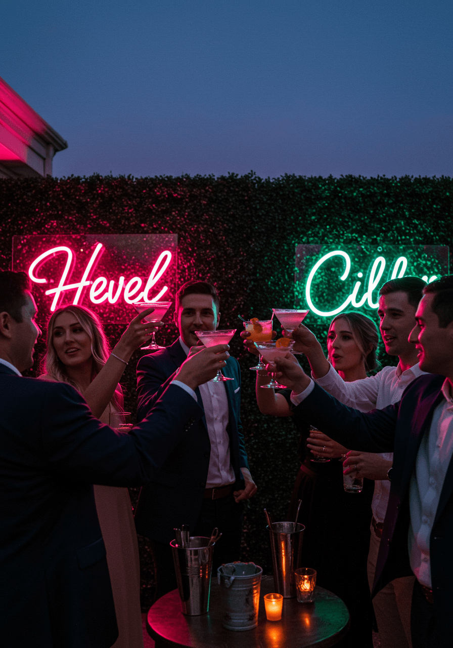 Guests toasting with illuminated cocktails against dramatic hedge wall with vibrant neon creating modern festive ambiance