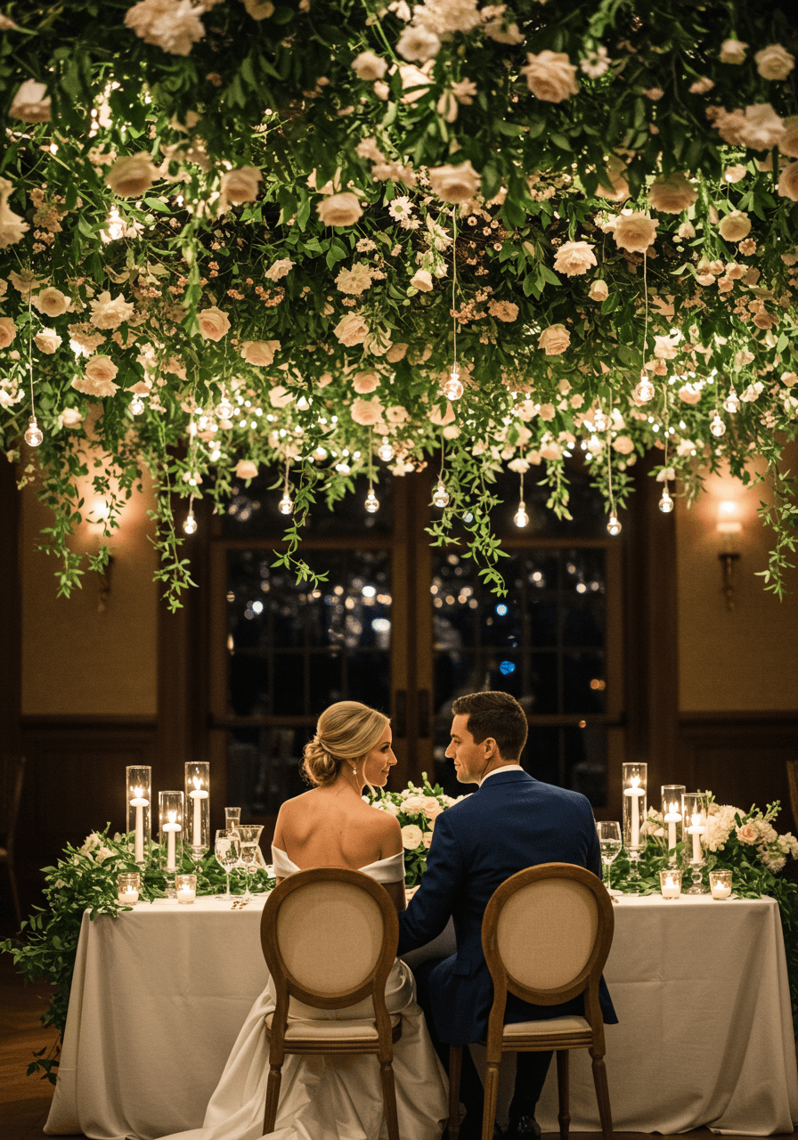 Romantic bride and groom seated beneath cascading floral canopy at intimate wedding reception