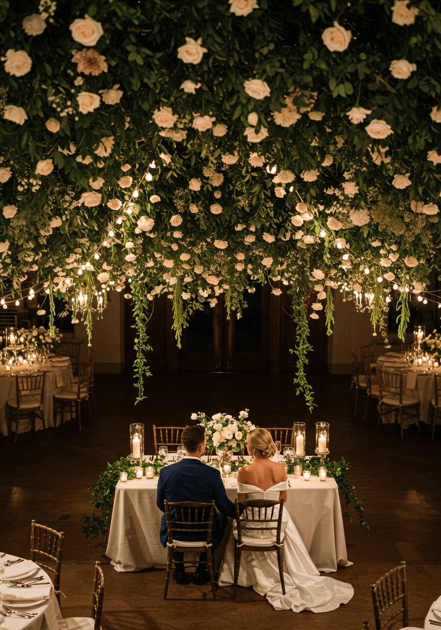 Overhead view of couple dining under suspended meadow of white flowers and greenery