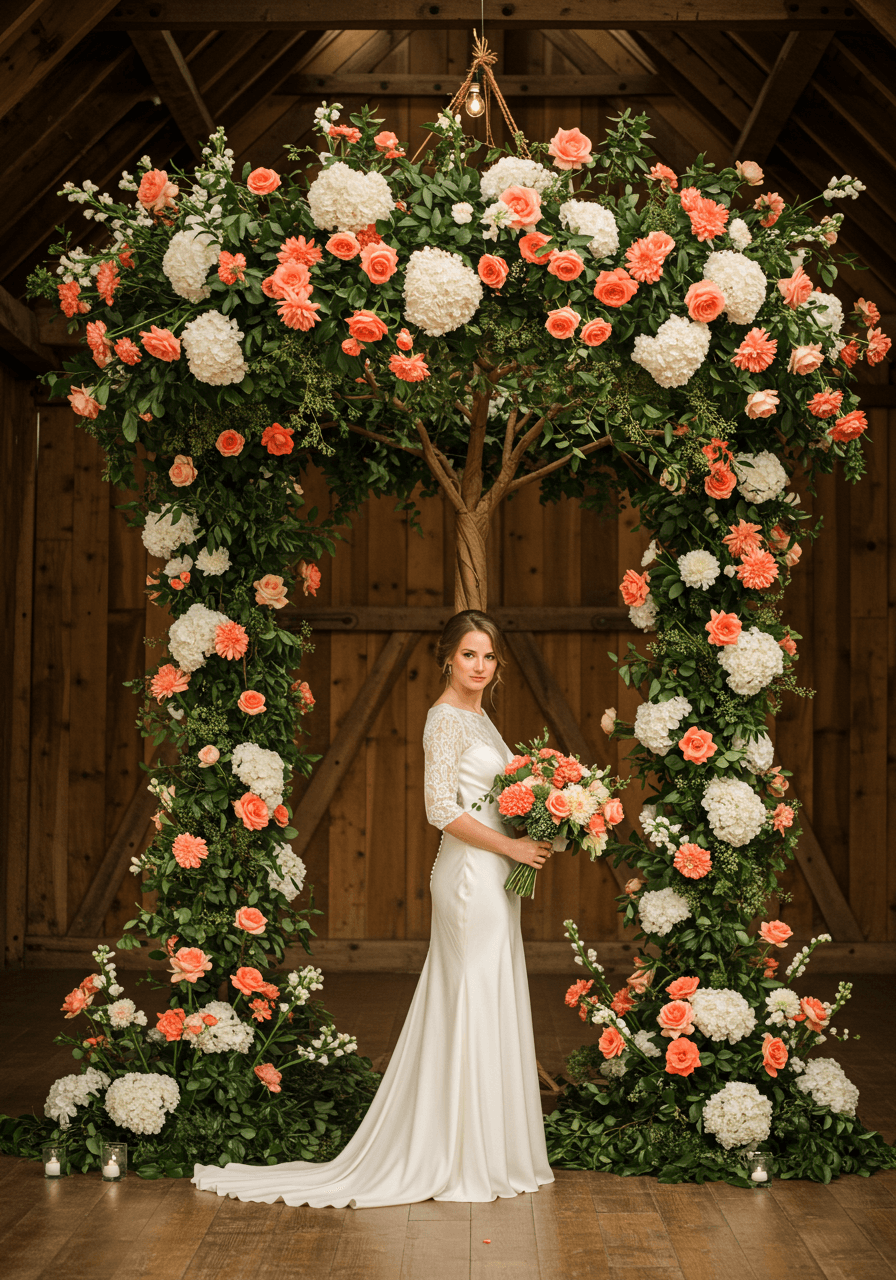 Bride in flowing gown standing beneath towering Tree of Life floral installation
