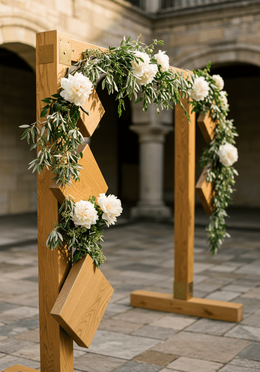 Contemporary deconstructed wedding ceremony arch with floating wooden elements and scattered peonies