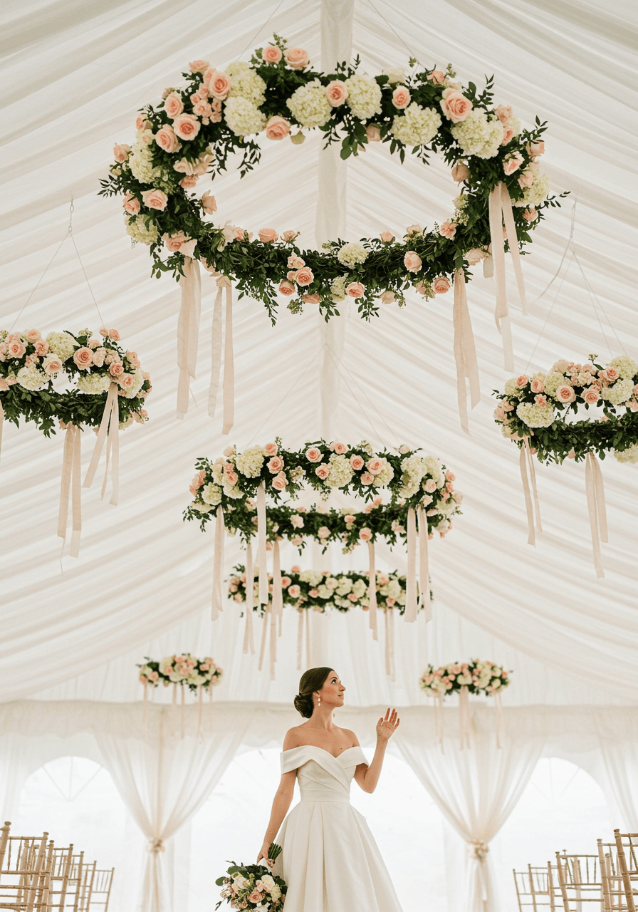 Full perspective of bride reaching toward floating rose and hydrangea wreaths