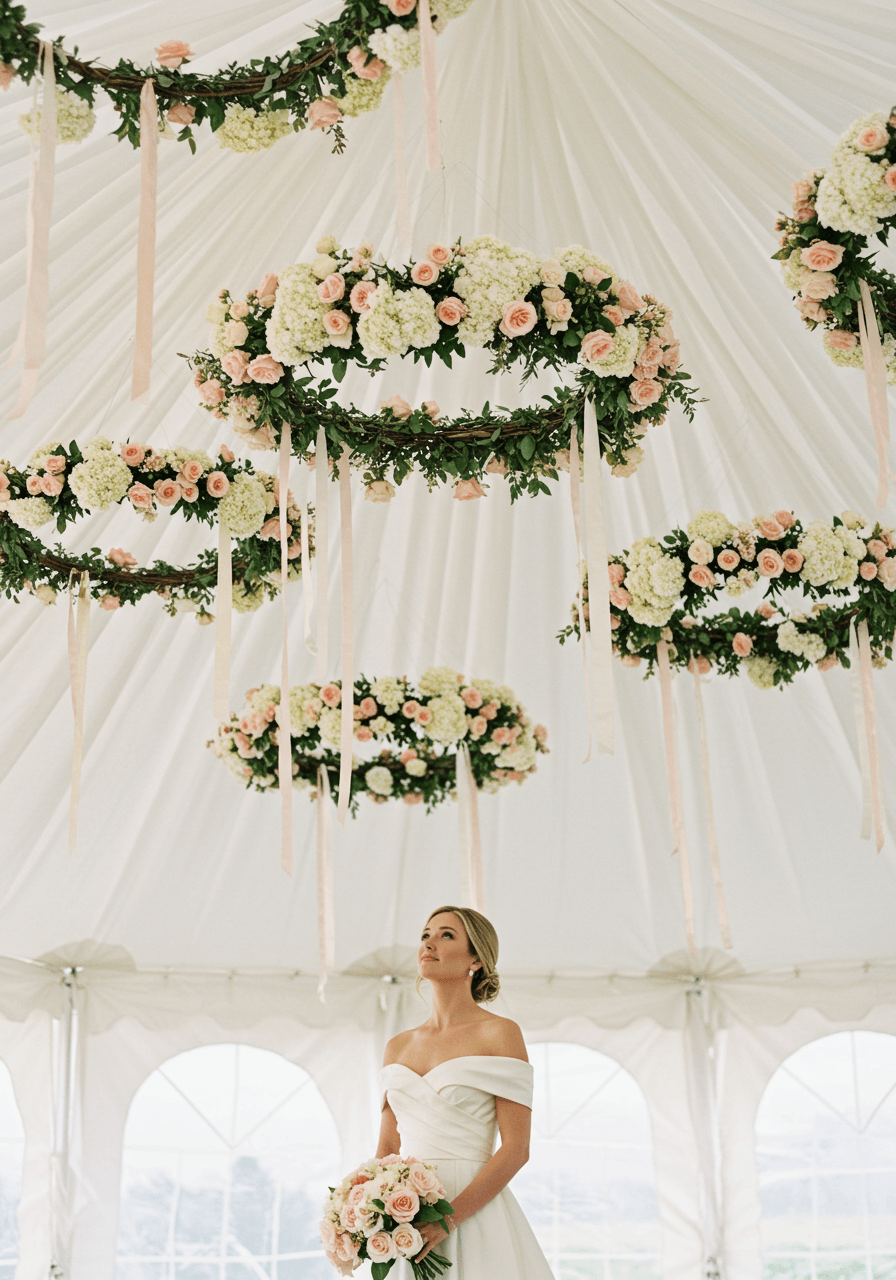 Bride looking up at circular floral wreaths suspended from white tent ceiling