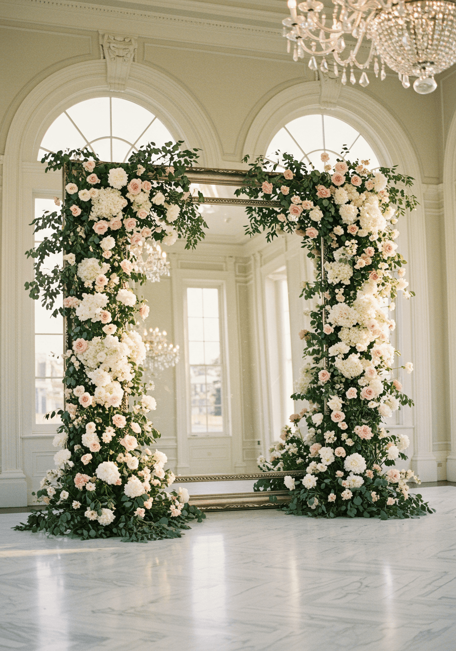 Large rectangular mirror with silver frame surrounded by white peonies in marble ballroom