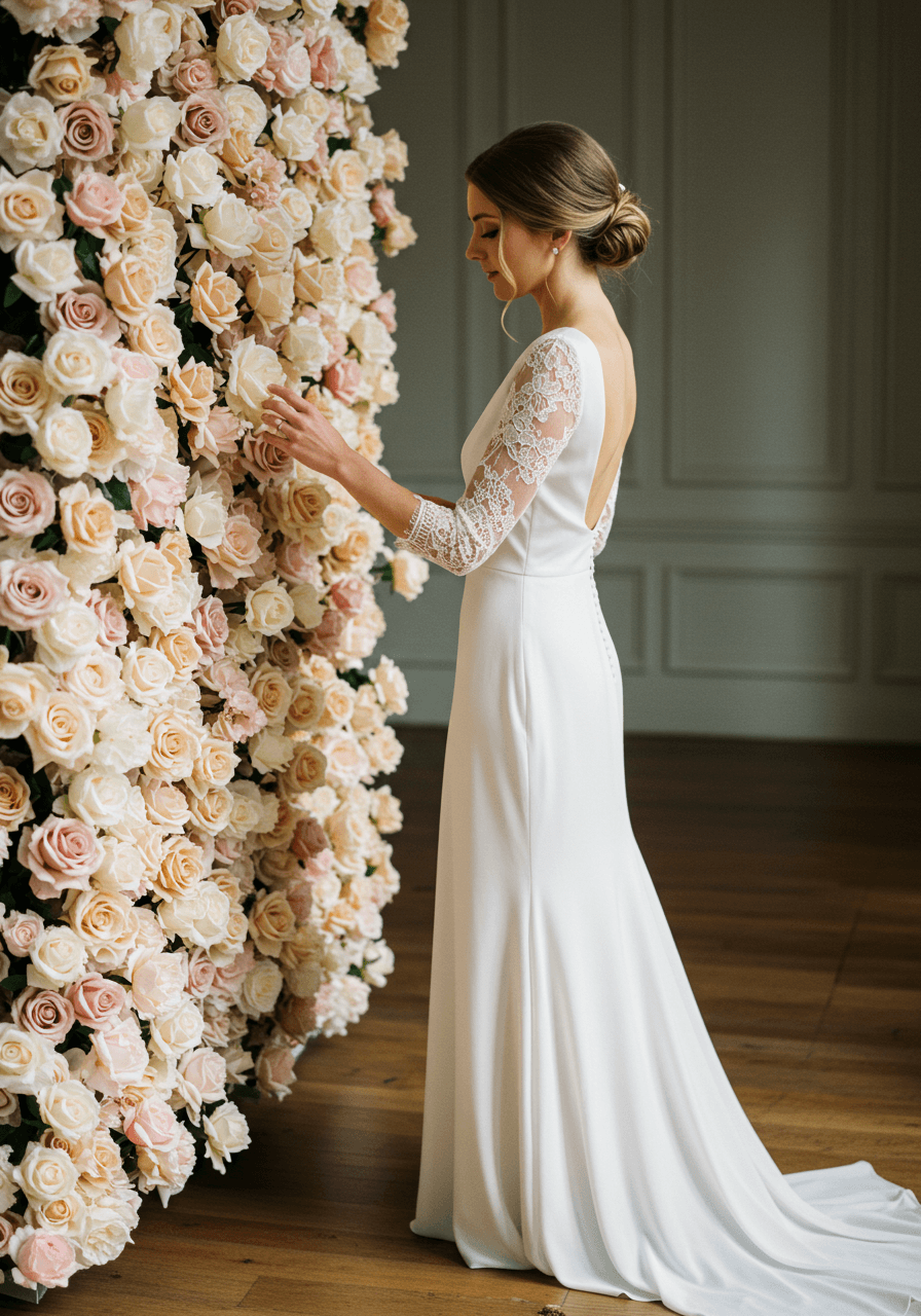Detailed portrait of bride touching delicate rose wall installation