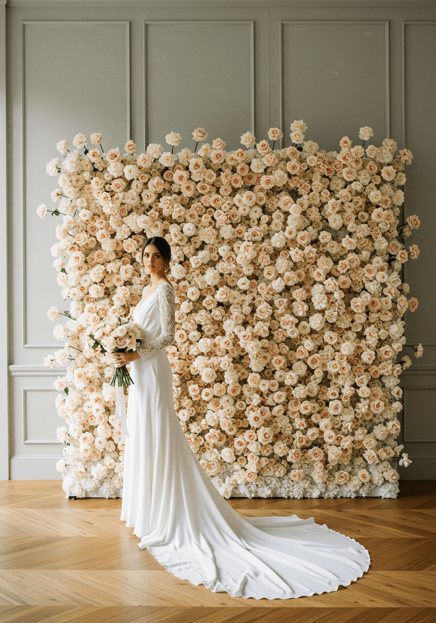 Elegant bride in silk gown standing beside romantic blush and ivory rose wall backdrop