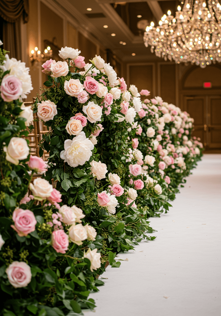 Elegant floral archway showing transition from small buds to full blooms in ballroom venue
