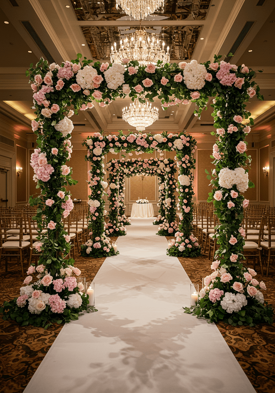 Complete view of dramatic growing bloom installation over white wedding aisle