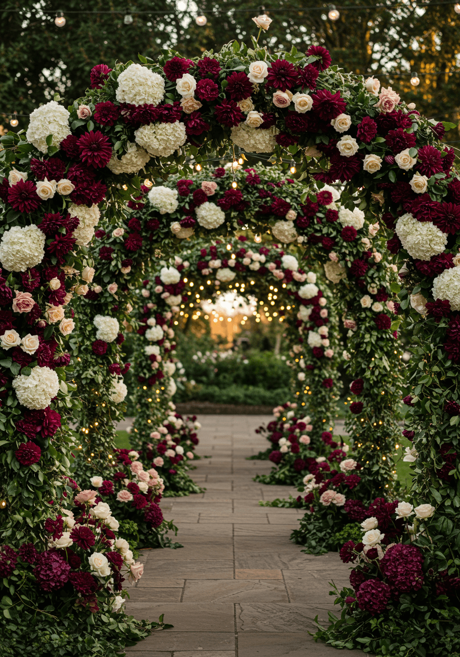 Interior view of sophisticated floral tunnel with trailing ivy and hidden lighting